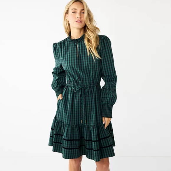 Draper James RSVP Long Sleeve Tiered Dress - Black & Green - Picture 1 of 7